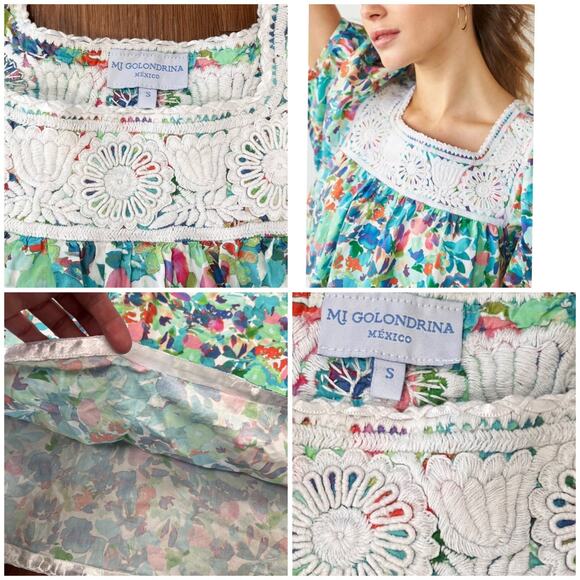 Mi Golondrina Maria Turquesa Dress S Floral Embroidered Square Neck Puff Sleeve - Picture 5 of 10